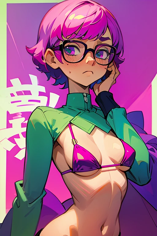 Really embarrassed girl, with short pink hair and glasses, in purple and green micro bikini ,trying to cover herself