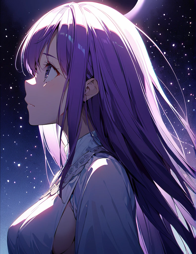 Profile of a sad, purple-haired, long-haired, princess-dressed beautiful girl, side-boob exposed　Screentone processing　Looking up at the moon　Shaded painting style　Star of the sky　vivid description
