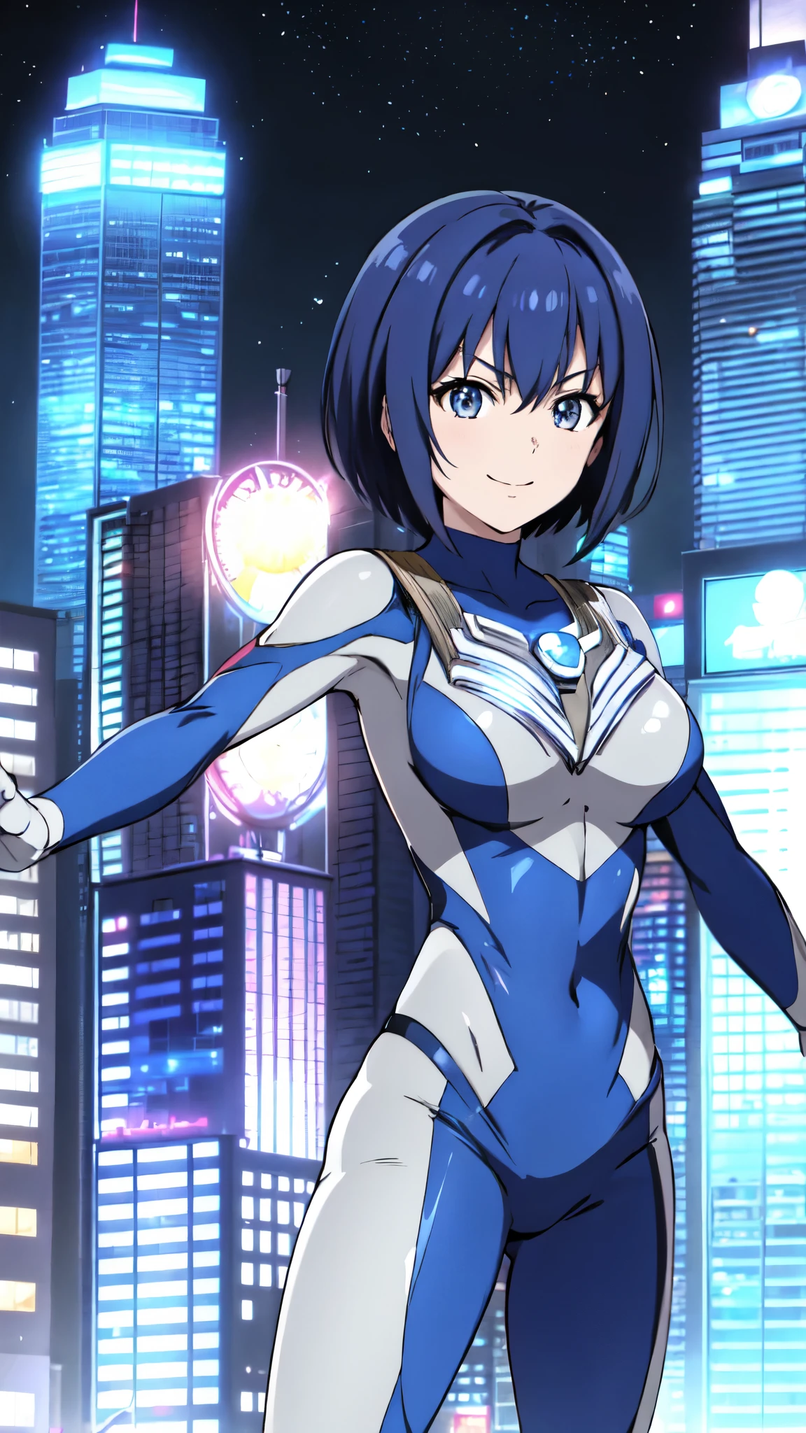 michirutojo, masterpiece, View your viewers,
Blue Hair, Cowboy Shot、Combat Stance、Ultraman bodysuit、Large Breasts、Hero Suit,Tight suit,smile、(building:1.2)、Night view