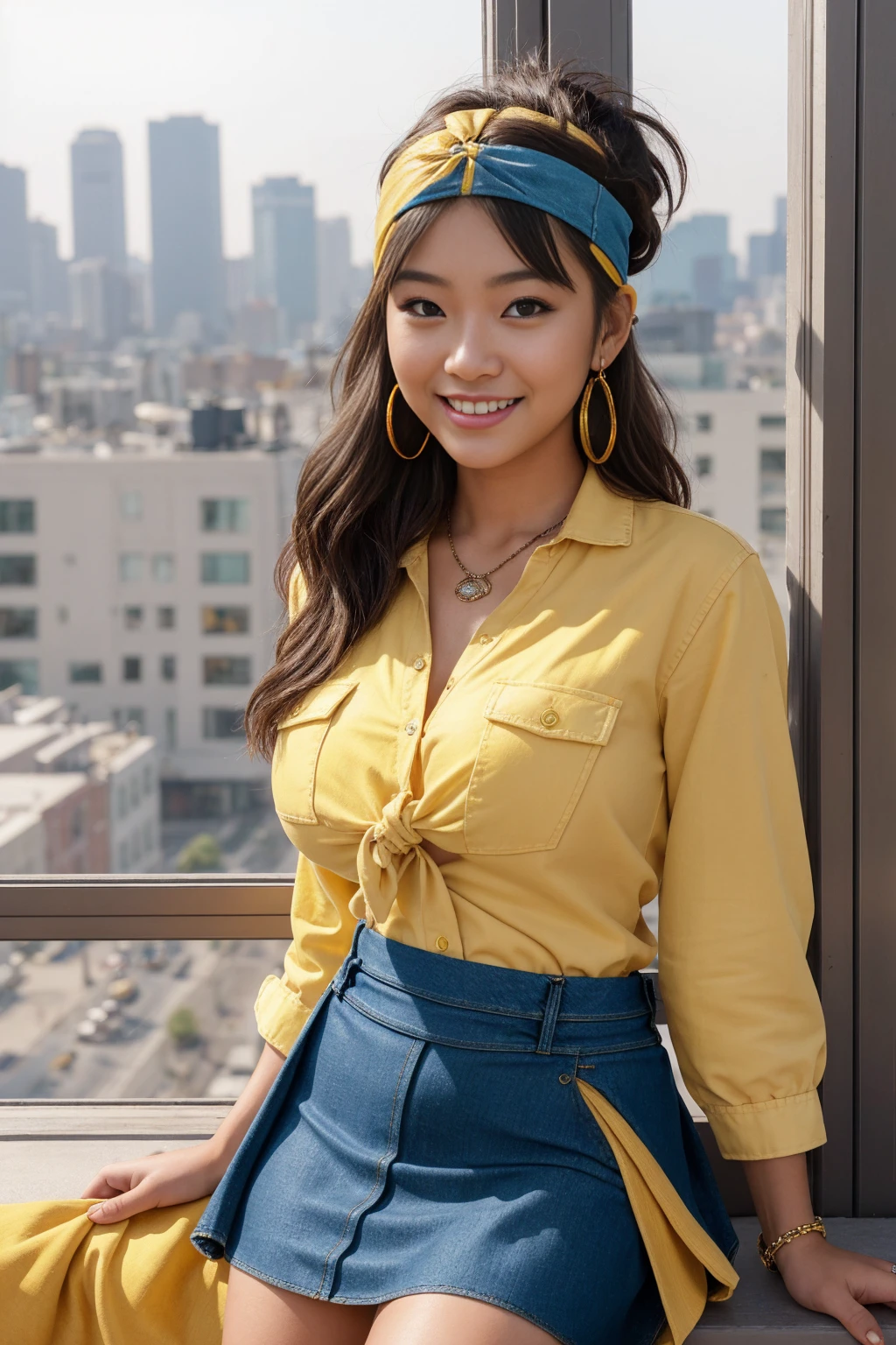 Half-length glamour portrait, nikon D850, f1.6 lens, 200mm, DSLR, 22 Megapixels, (((Urban loft with panoramic city views scene))), shot of a stunning 19 years old korean girl, (smile:1.4), (wearing Denim skirt with tied Yellow shirt and headband:1.6), ((seductive pose)), hot girl, (((big natural breasts))), (((black fringe hair))), ( girl), symmetrical face, photorealistic, photography, (bright natural lighting), gorgeous, deep cleavage, (masterpiece), best quality, high resolution, extremely detailed, cinematic lighting, (((very narrow waist))), rich colors, hyper realistic, lifelike texture, ((jewelry)), (((She has beautiful hands and wears rings))), (bracelet), (necklace), (ankle chain), (nail polish) (earrings), Fuji Superia 200, 8k
