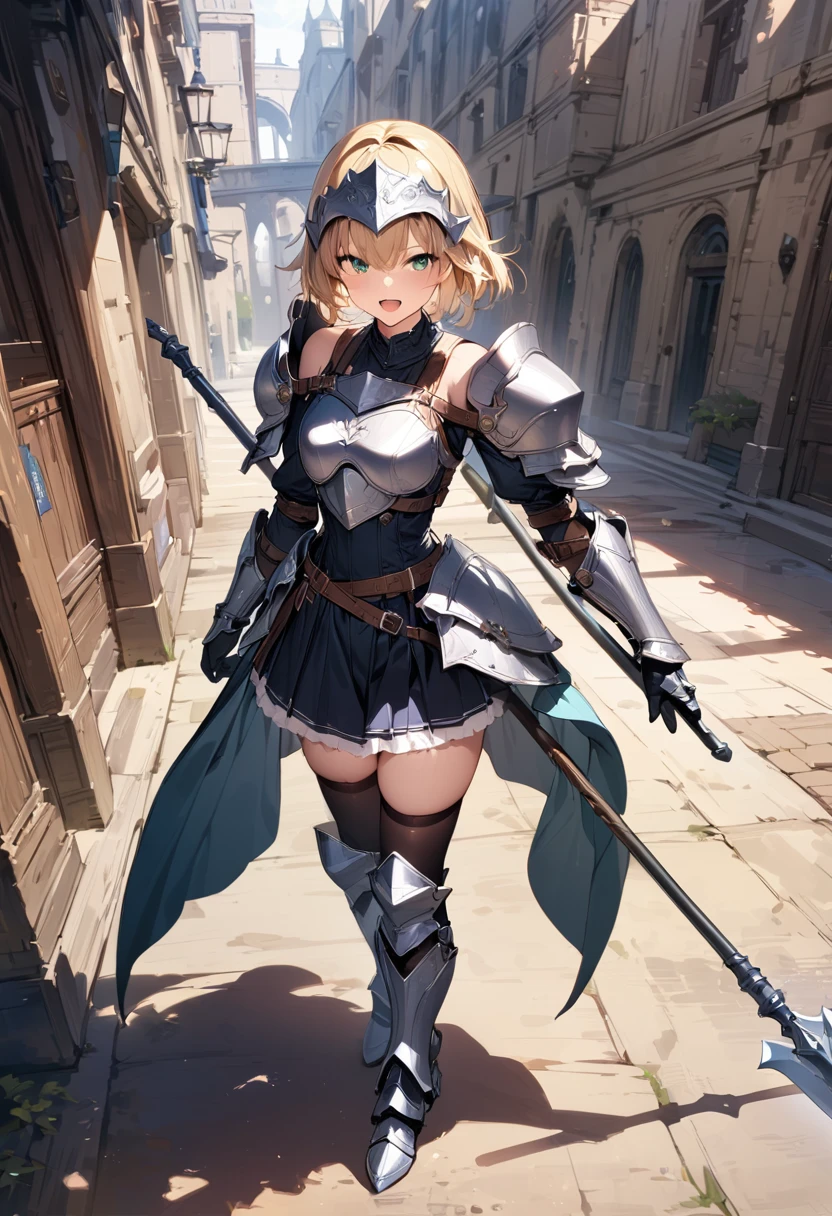 (masterpiece),(best quality),(ultra-detailed),(best illustration),(best shadow),(absurdres),(detailed background),(very aesthetic), 1girl, weapon, solo, polearm, armor, helmet, full-body, holding-weapon, holding, breastplate, open-mouth, thighhighs, blonde-hair, boots, simple-background, short-hair, shoulder-armor, spear, gloves, holding-polearm, armored-boots, halberd, greaves, skirt, pauldrons, gauntlets, standing, visor-\(armor\), zettai-ryouiki, lance, covered-eyes
