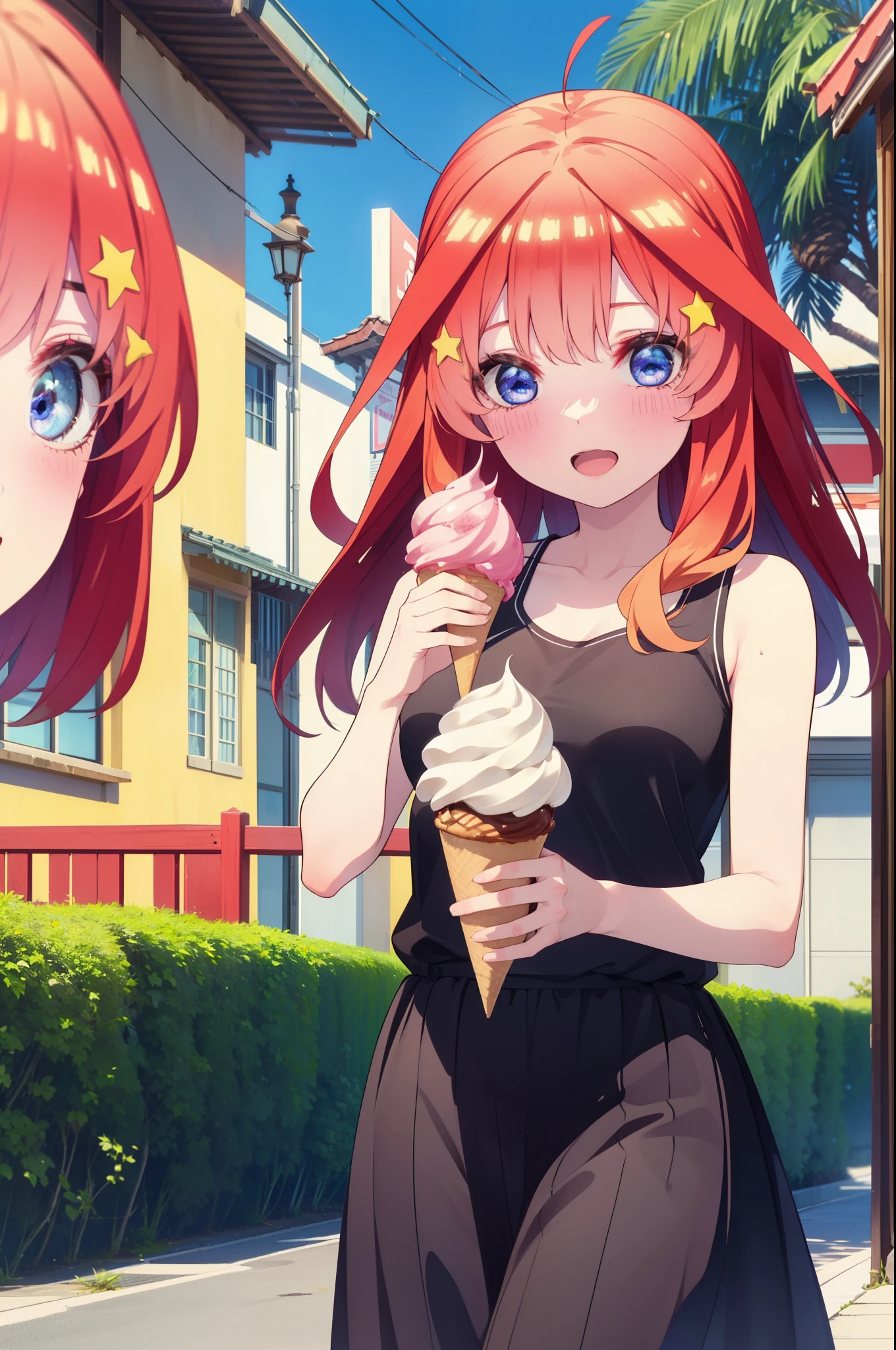 itsukinakano, Itsuki Nakano, bangs, blue eyes, Hair between the eyes, Ahoge, Redhead, star \(symbol\), hair ornaments, star hair ornamentsハイビスカスのhair ornaments,Red Tank Top,Long skirt,Heeled Sandals,Walking,smile,blush,Open your mouth,Eating ice cream,Holding ice cream in one hand,whole bodyがイラストに入るように,Palm tree,True Summer,Clear skies,
break outdoors, Tropical,Residential Street,
break looking at viewer,whole body ,
break (masterpiece:1.2), Highest quality, High resolution, unity 8k wallpaper, (figure:0.8), (Beautiful attention to detail:1.6), Highly detailed face, Perfect lighting, Highly detailed CG, (Perfect hands, Perfect Anatomy),