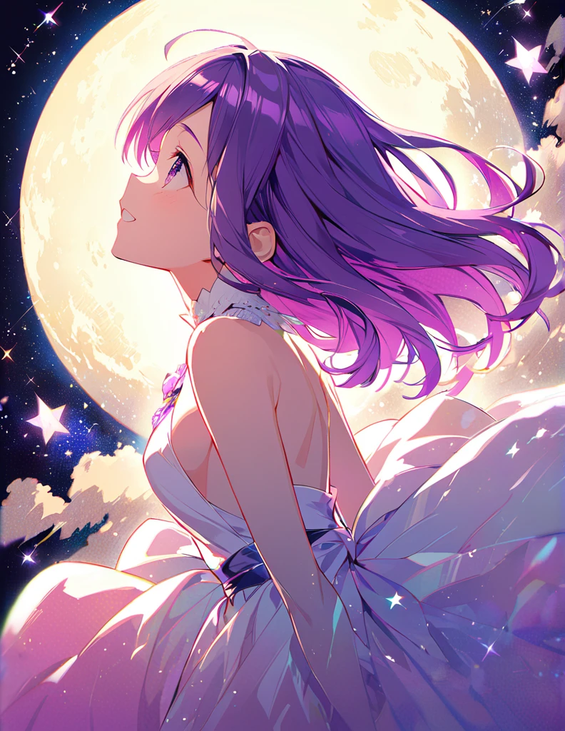 Profile of a happy beautiful girl with long purple hair and a princess dress. Side boob exposed.　Screentone processing　Looking up at the moon　Shaded painting style　Shining Star　vivid description
