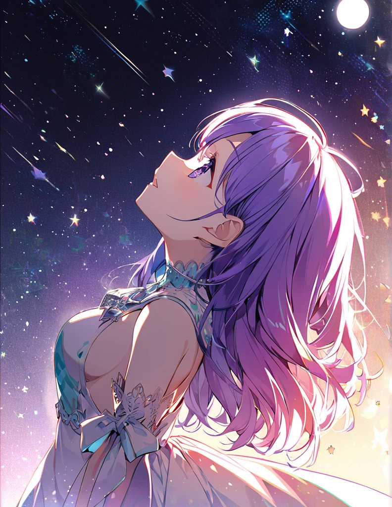 Highest quality　masterpiece　High resolution　masterpieceグレーアイズ　Low Twintails、casual summer outfit　、flowerpunk、universe、Sparkling light particles、Vivid gradient effect
