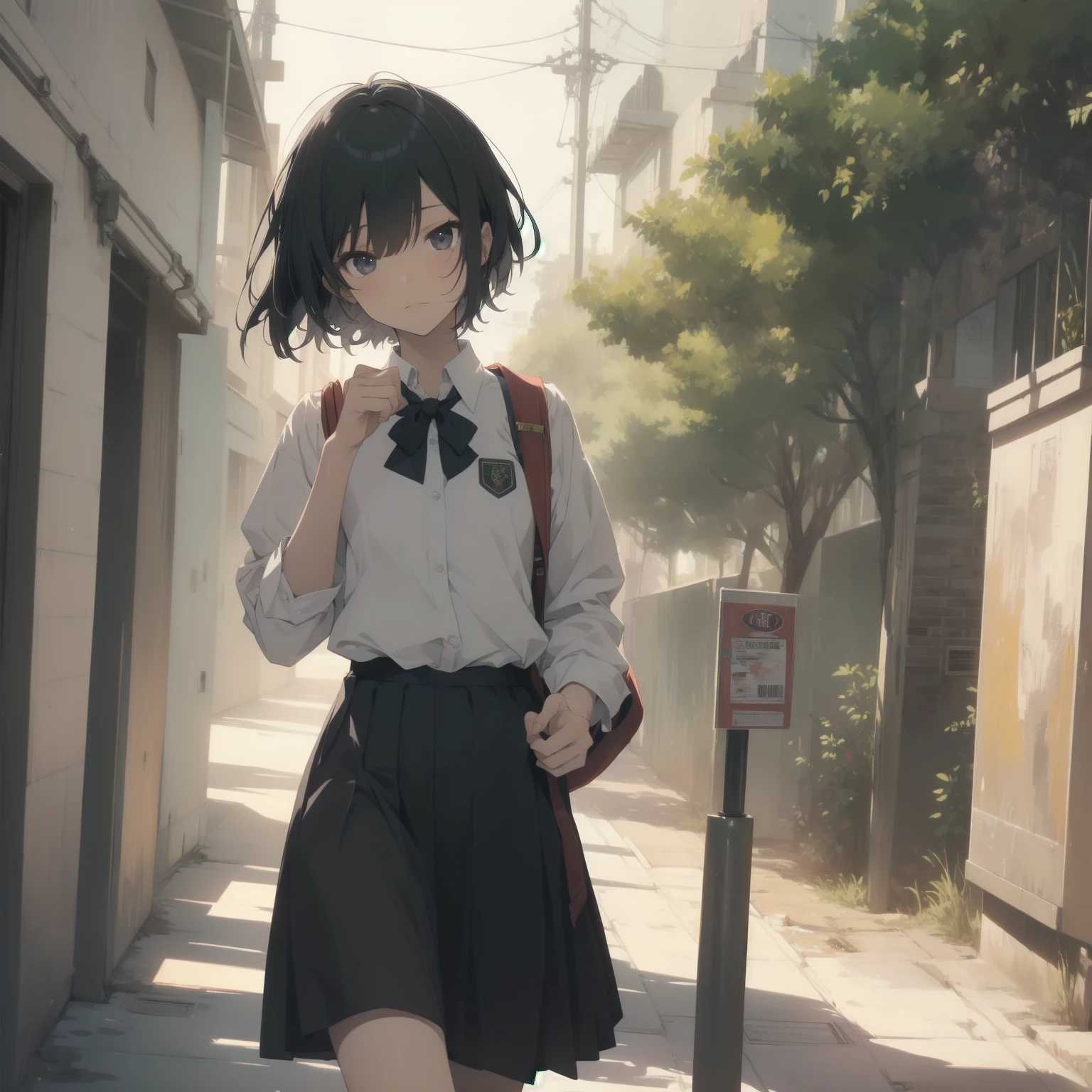 ultra-absurdres-Top quality by artist God, ultra-detailed, high resolution, anime moe artstyle, best anime 8k konachan wallpaper, pixiv contest winner, pool:2810, perfect anatomy,break, 1girl, (Please draw a girl walking sleepily to school alone. )break,(Solo,little female, 13-year-old:1.3),Full limbs, complete fingers,a junior high school student, (very short hair), short cut, flat chest, , small butt, small black eyes, beautiful detailed eyes, well-proportioned iris and pupils, expressive eyes, highres detailed hair, soft expression, salor school_uniform, sailor collar, serahuku, bow, pleated skirt,(Detailed Lighting), (Detailed background), in the School commute route. break,super detailed skin, Best cinematic lighting powered by famous artist, 8k,beauty illustration,photoshop_(medium),very aesthetic,break,((artist:minami_(colorful_palette) )), artist:clamp ,artist:carnelian ,artist:kantoku ,