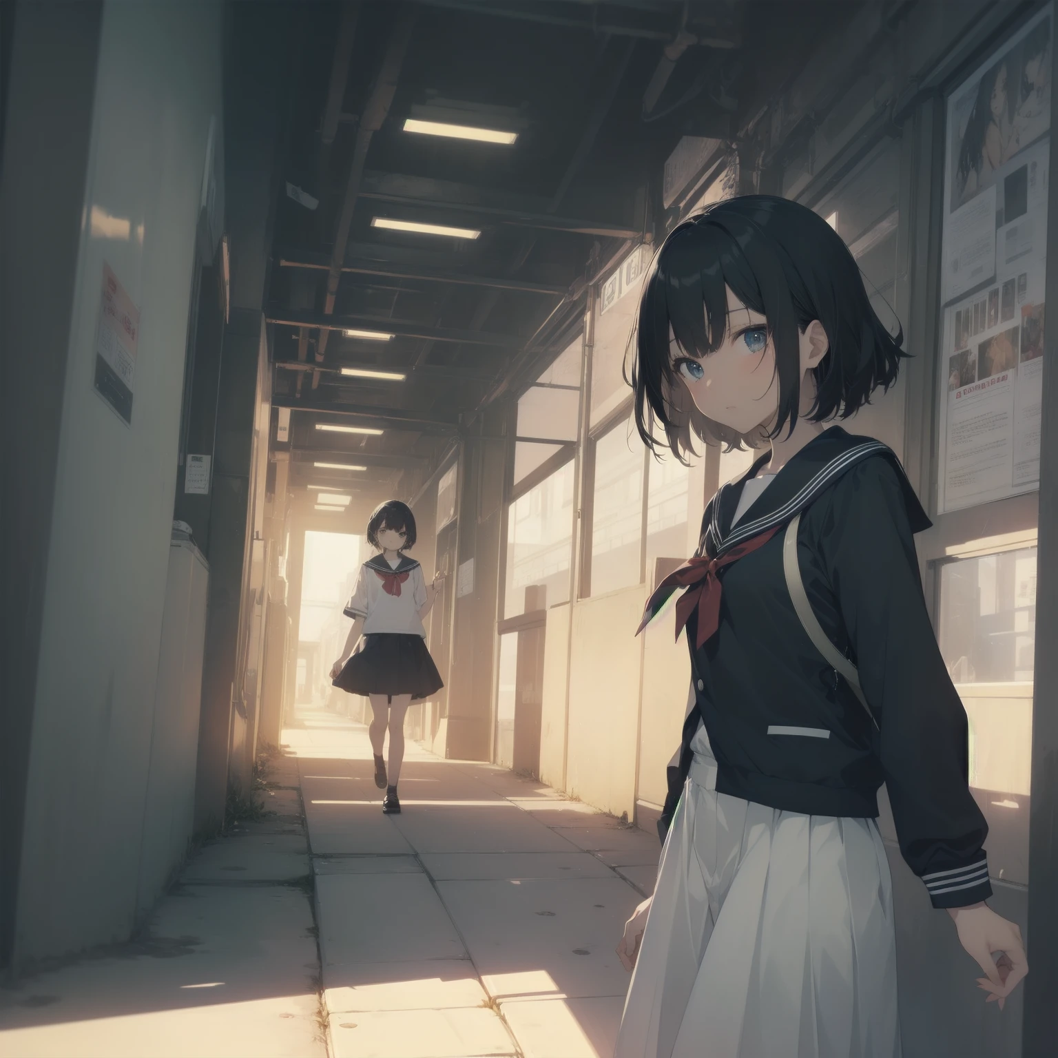ultra-absurdres-Top quality by artist God, ultra-detailed, high resolution, anime moe artstyle, best anime 8k konachan wallpaper, pixiv contest winner, pool:2810, perfect anatomy,break, 1girl, (Please draw a girl walking sleepily to school alone. )break,(Solo,little female, 13-year-old:1.3),Full limbs, complete fingers,a junior high school student, (very short hair), short cut, flat chest, , small butt, small black eyes, beautiful detailed eyes, well-proportioned iris and pupils, expressive eyes, highres detailed hair, soft expression, salor school_uniform, sailor collar, serahuku, bow, pleated skirt,(Detailed Lighting), (Detailed background), in the School commute route. break,super detailed skin, Best cinematic lighting powered by famous artist, 8k,beauty illustration,photoshop_(medium),very aesthetic,break,((artist:minami_(colorful_palette) )), artist:clamp ,artist:carnelian ,artist:kantoku ,