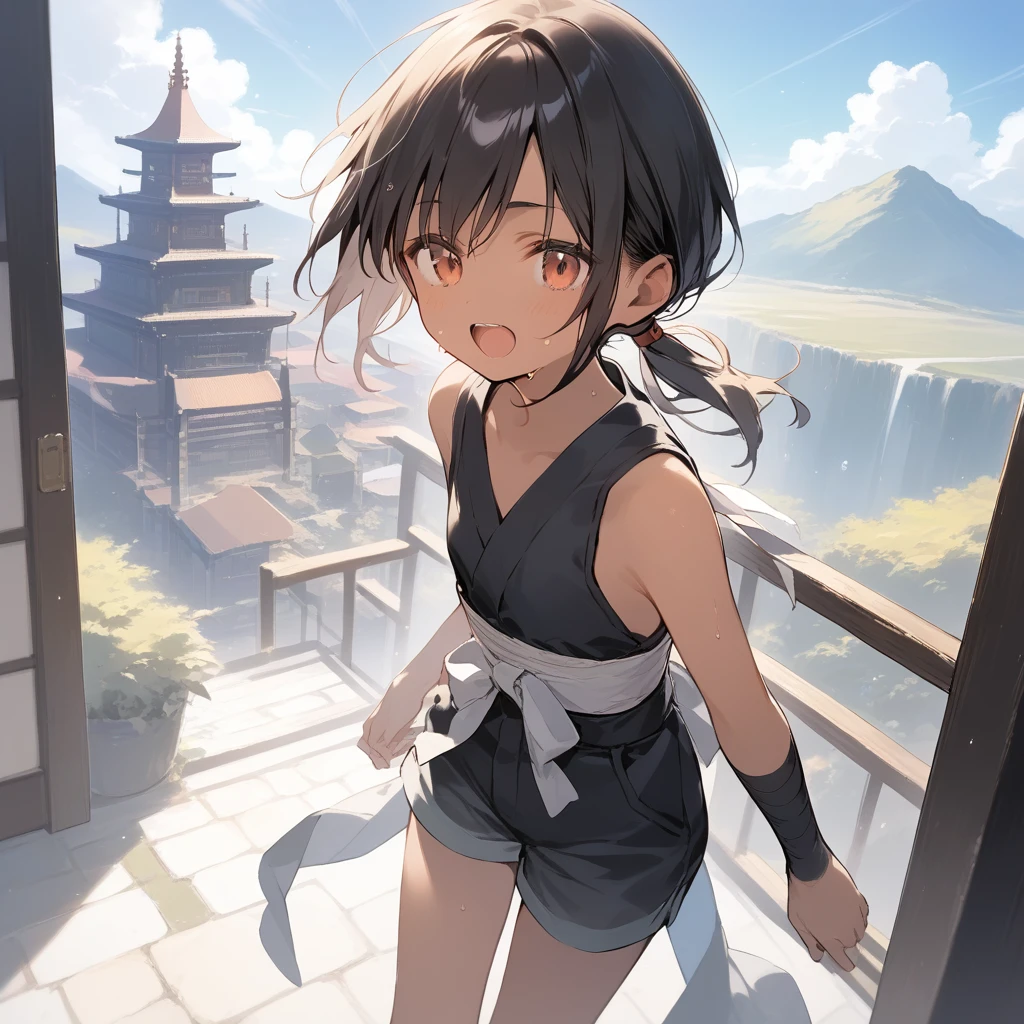 score_9, score_8_up, score_7_up, source_anime, best quality, masterpiece, official art, absurdres, highres, ultra-detailed,waifu2x,Collection: Slice of Life,break,1girl, tomboy, dark-skinned female, short hair, low ponytail, flat chest, beautiful detailed eyes, ninja, shorts, sweat, open mouth, (yawn:0.3), sleepily, outdoors, japanese castle, wind,break,(clear line illustration:1.2), super detailed skin,very high resolution, very aesthetic, Best sexual lighting powered by famous artist, 8k,cute picture,beauty illustration,photoshop_(medium),,(Detailed Lighting),best anime 8k konachan wallpaper, pixiv contest winner,