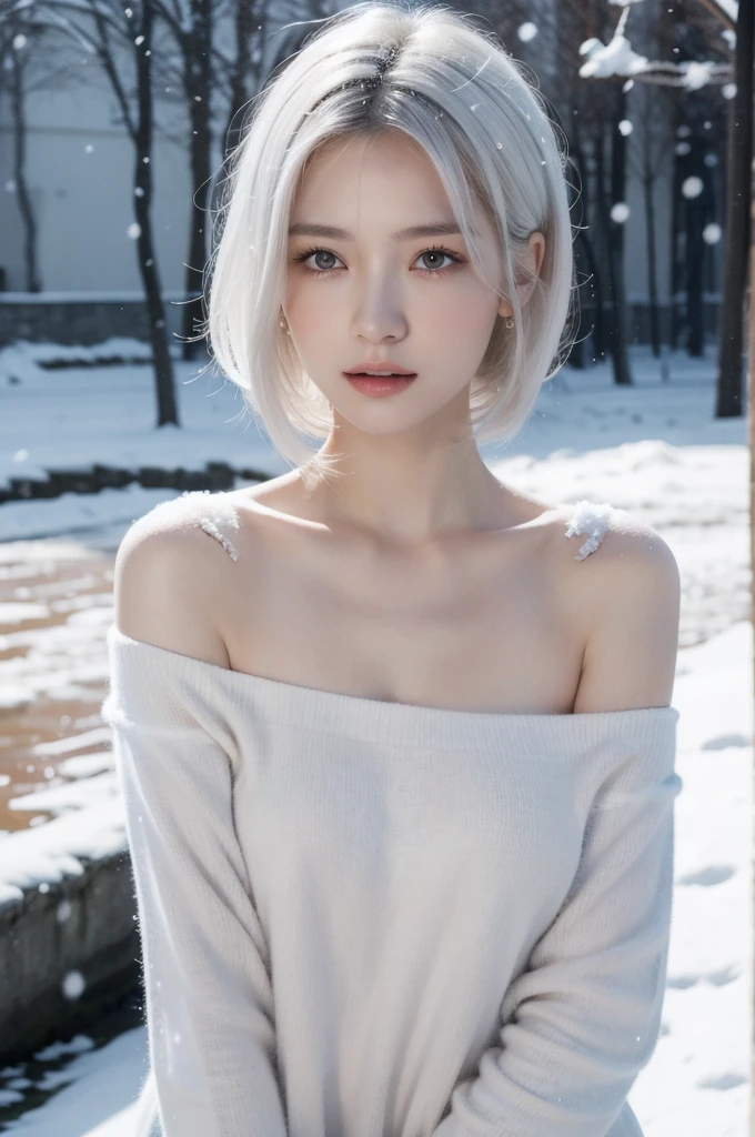 (realistic), (hyperrealism),best quality, masterpiece,ultra high res, (photorealistic:1.4),1girl,pale skin,skinny,(looking at viewer),bare shoulder, (white hair,) snowing outdoor, looking at viewer,
upper body,