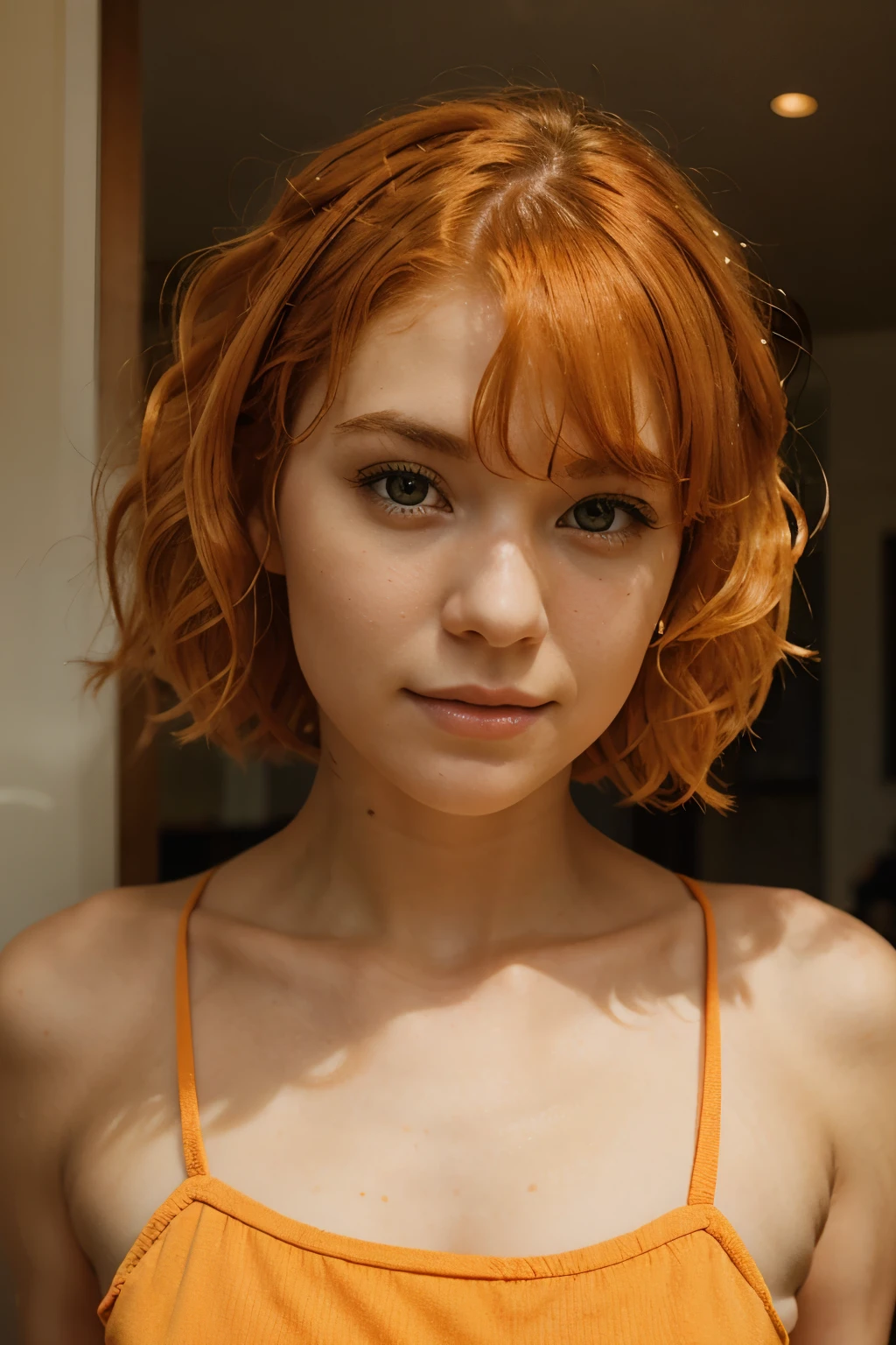 A two-year-old red-haired girl, short and curly hair, and green eyes, chest