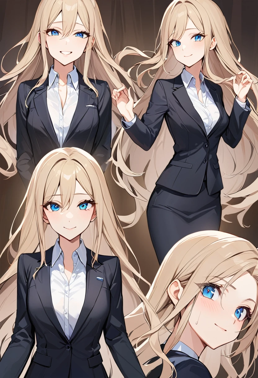 masterpiece: 1.6, Highest quality: 1.4, Live: 1.2, Intricate details: 1.2, 1 mature woman,28 years old,office lady,attractive office lady, alone, (Light brown hair), Long Hair, single ~ ~ sidelock, amount: 1.5, Deep blue eyes, Bright Eyes, Slender figure,Small breasts,(Exposed thighs:1.7),office casual style, (Black recruitment suit:1.5),White shirt,(Black tight skirt:1.2), Full Body Shot, Multiple Views, front, return, ~ ~ side, performance, ((Character setting material collection, Different poses of the same character, Character Reversal: 1.5, Multiple Views)), arms behind return, Portraiture, Happy, Are crying, Get angry, smile