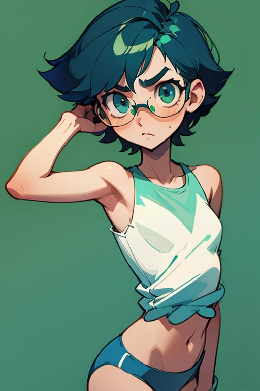 Really embarrassed tomboy girl, with short dark brawn hair and green glasses, in blue an white sexy  underwear ,trying to cover herself