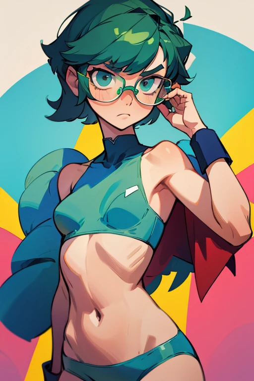 Really embarrassed tomboy girl, with short dark brawn hair and green glasses, in blue an white sexy underwear ,trying to cover herself