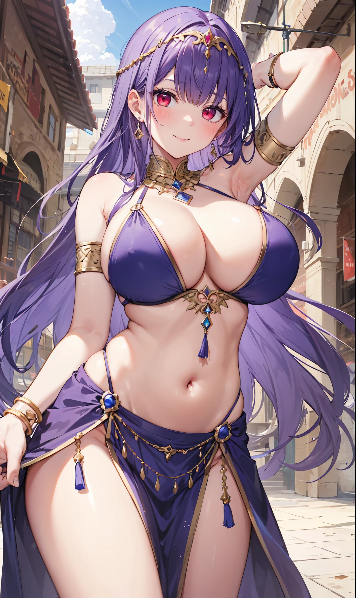 high quality, ultra detailed, best quality, insanely detailed, beautiful, masterpiece, 1girl, medieval plaza, cowboy shot, red eyes, long hair, purple hair, belly dancer, circlet, earrings, armlets, bracelets, bashful smile, large breasts, cleavage, soft stomach