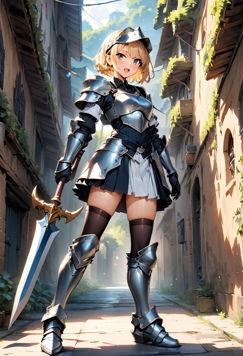 (masterpiece),(best quality),(ultra-detailed),(best illustration),(best shadow),(absurdres),(detailed background),(very aesthetic), 1girl, weapon, solo, polearm, armor, helmet, full-body, holding-weapon, holding, breastplate, open-mouth, thighhighs, blonde-hair, boots, simple-background, short-hair, shoulder-armor, spear, gloves, holding-polearm, armored-boots, halberd, greaves, skirt, pauldrons, gauntlets, standing, visor-\(armor\), zettai-ryouiki, lance, covered-eyes
