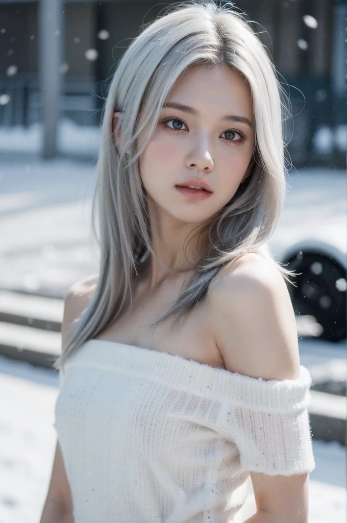 (realistic), (hyperrealism),best quality, masterpiece,ultra high res, (photorealistic:1.4),1girl,pale skin,skinny,(looking at viewer),bare shoulder, (white hair,) snowing outdoor, looking at viewer,
upper body,