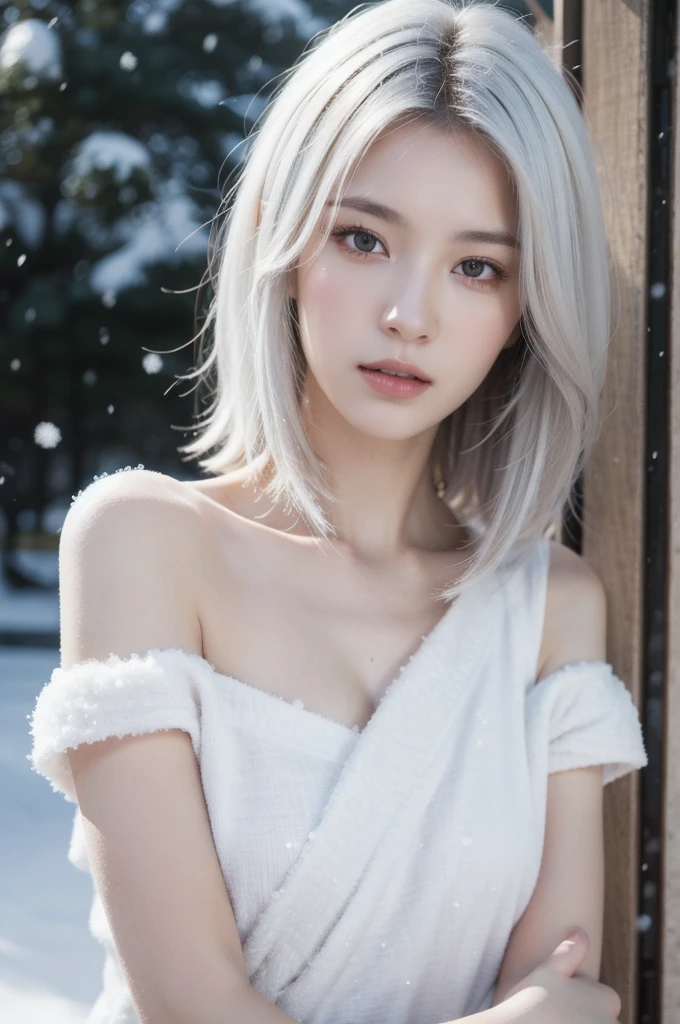 (realistic), (hyperrealism),best quality, masterpiece,ultra high res, (photorealistic:1.4),1girl,pale skin,skinny,(looking at viewer),bare shoulder, (white hair,) snowing outdoor, looking at viewer,
upper body,