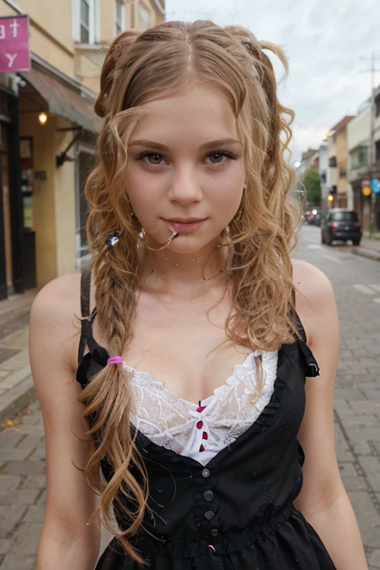 Young girl with blonde hair, ((fringed and curly hair)),((curly short twintail)), curly hair ,(blue eyes),, ((small bushy eyebrows)), wearing gothic lolita clothing, lolicon , walking to school, bored look, bored face,,  cum bubbling out her mouth, in a street, girl giving a  handjob to a naked male with a hand , standing in a street