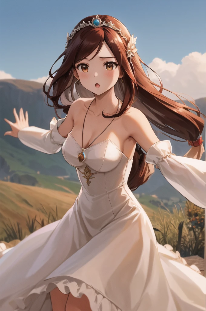 masterpiece, best quality, highres, 1girl, aagarnet, (low-tied long hair:1.2), brown eyes, tiara, red hair ornament, jewelry, necklace, wedding dress, white dress, bare shoulders, detached sleeves,grass, outstretched arms, :o, reaching out,