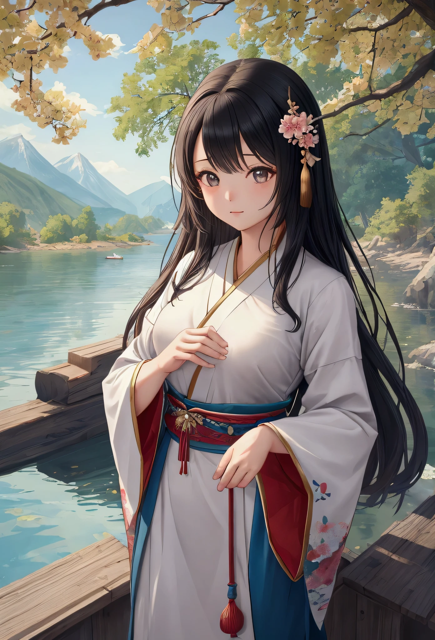 shan,watercraf11t,boat,bird,tree,scenery,water,lake,mountain,outdoors,reflection,nature,river, (masterpiece:1.3), (best quality:1.3), 1girl, deressed in hanfu, little open chest, big breast, full body (kawaii background:1.3),(extremely detailed fine touch:1.3),(hard light, studio light, light rays, dappled light, reflection, shadows, ray tracing:1),