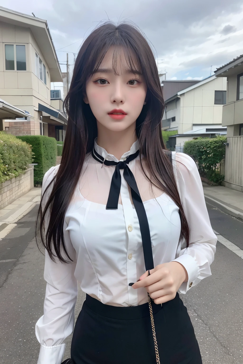 (Realistic, High Resolution: 1.3), 1 Girl with Perfect Body, H1-KEY HWISEO, 42 years old, ((h1-key hwiseo)), Create a picture of a young woman with long dark hair standing on a street in a residential area。Houses in the background、electric wire、There is a slightly cloudy sky。She has a calm and slightly curious look on her face.、White blouse with black ribbon tie、Wearing a black skirt。A black crossbody bag is slung over her shoulder.。
