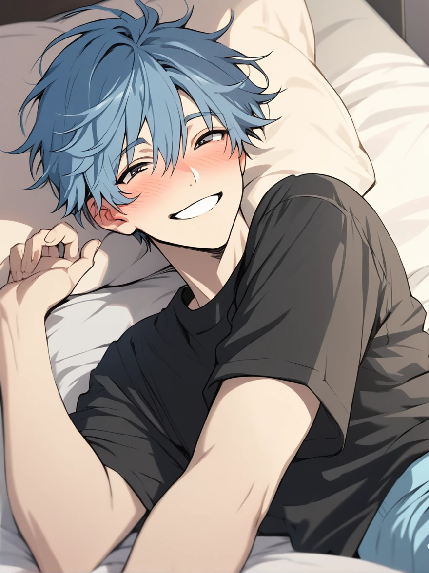 (masterpiece), best quality, expressive eyes, perfect face, male, solo male, pastel blue hair, black eyes, smiling, blushing, happy, laying on bed, wearing black t-shirt, comfortable pants