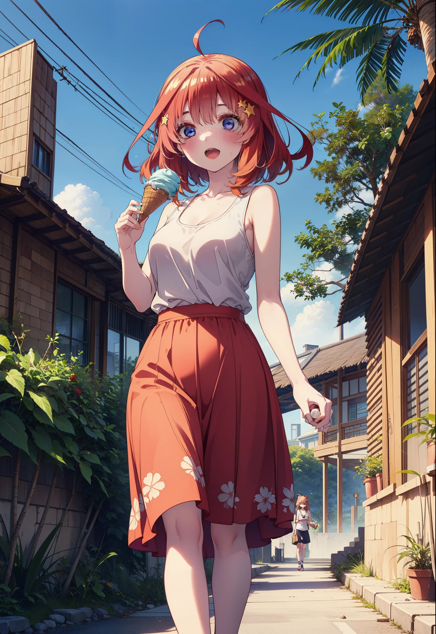itsukinakano, Itsuki Nakano, bangs, blue eyes, Hair between the eyes, Ahoge, Redhead, star \(symbol\), hair ornaments, star hair ornamentsハイビスカスのhair ornaments,Red Tank Top,Long skirt,Heeled Sandals,Walking,smile,blush,Open your mouth,Eating ice cream,Holding ice cream in one hand,whole bodyがイラストに入るように,Palm tree,True Summer,Clear skies,
break outdoors,Building district,tropical,
break looking at viewer,whole body ,
break (masterpiece:1.2), Highest quality, High resolution, unity 8k wallpaper, (figure:0.8), (Beautiful attention to detail:1.6), Highly detailed face, Perfect lighting, Highly detailed CG, (Perfect hands, Perfect Anatomy),
