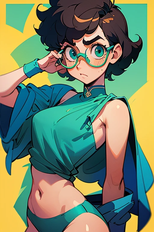 Really embarrassed tomboy girl, with short dark curly  hair and green glasses, in blue an white sexy  underwear ,trying to cover herself