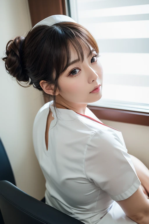 (1 female)、(Beautiful Japanese、38 years old,Round face、refresh、clear、Seems kind、stylish、Pathetic、cute like an angel、cute、Iris、,actress,Narrow eyes,Adult atmosphere、Long, narrow eyes), Good style , (Beautiful big boobs:1.2),(Soft Breasts),(very cute),(Black Hair),(Updo),(Captivating eyes),(Eye highlights:1.2)、(8k、Live Shooting、Highest quality、masterpiece:1.2、Optimal Lighting)、((masterpiece)),(Photos taken by a professional photographer),(Genuine、photo Genuine:1.4),break,{ (White nurse costume),(((Traditional Nurse Uniform))),{(White nurse tight pants)},(Cleavage:1.2)},(Red cheeks:1.2), break, break,hospital,Face shot、hospital waiting room、Looking at Viewer:1.0,Embarrassed face、 View,Big Ass,Dynamic Angle,Face close-up、Back View、Frog sitting