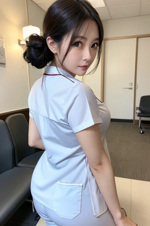 (1 female)、(Beautiful Japanese、38 years old,Round face、refresh、clear、Seems kind、stylish、Pathetic、cute like an angel、cute、Iris、,actress,Narrow eyes,Adult atmosphere、Long, narrow eyes), Good style , (Beautiful big boobs:1.2),(Soft Breasts),(very cute),(Black Hair),(Updo),(Captivating eyes),(Eye highlights:1.2)、(8k、Live Shooting、Highest quality、masterpiece:1.2、Optimal Lighting)、((masterpiece)),(Photos taken by a professional photographer),(Genuine、photo Genuine:1.4),break,{ (White nurse costume),(((Traditional Nurse Uniform))),{(White nurse tight pants)},(Cleavage:1.2)},(Red cheeks:1.2), break, break,hospital,Face shot、hospital waiting room、Looking at Viewer:1.0,Embarrassed face、 View,Big Ass,Dynamic Angle,Face close-up、Back View、Frog sitting