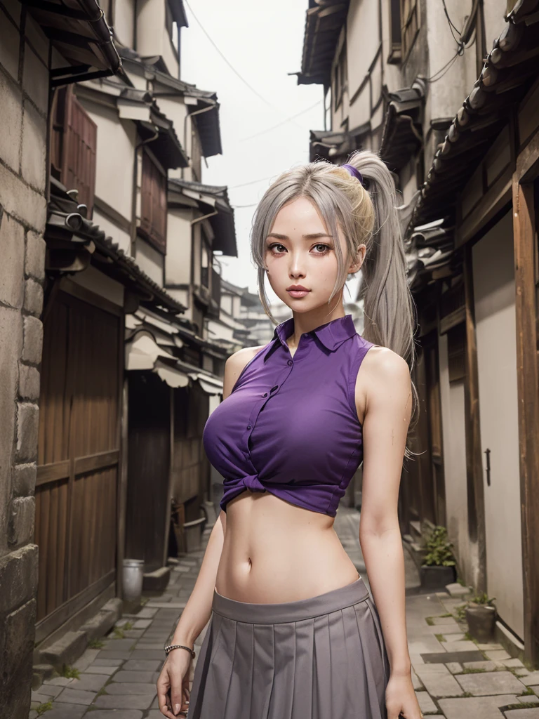 ((((InoYamanaka)))), ((purple shirt collared, sleeveless, medium breasts, navel, long hair, blonde, ponytail, hair over one eye, lips, gray eyes, skirt, bare shoulder)), (((narrow alley, edo architecture, village, outdoor))), ((cum navel:1.3)).