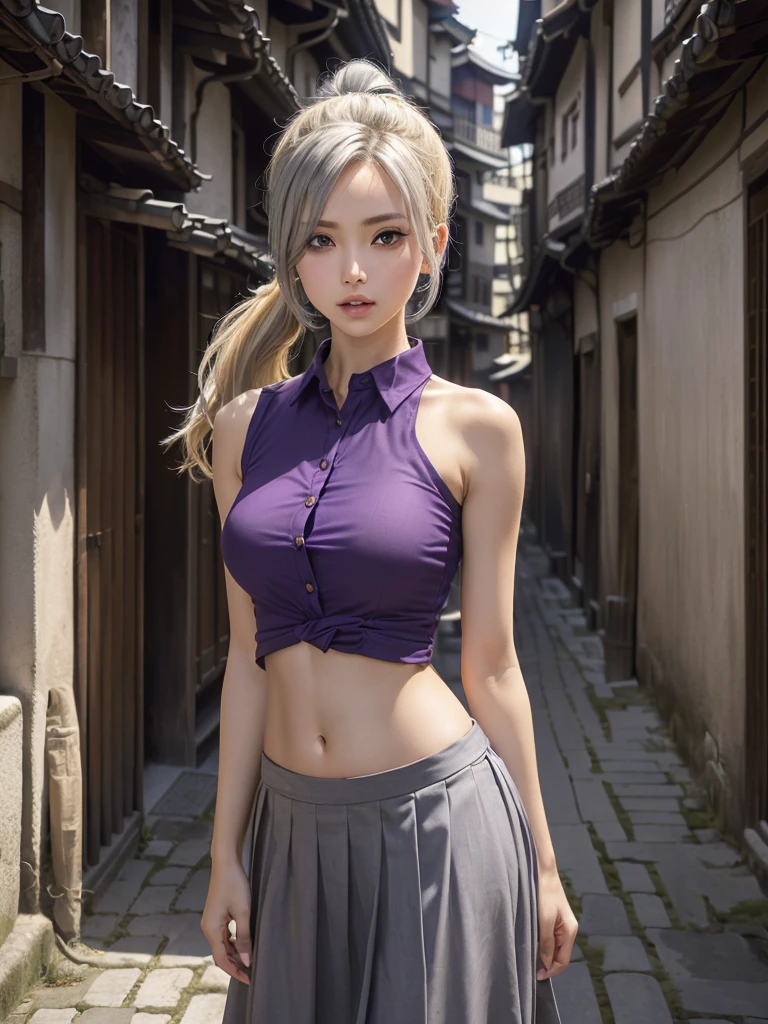 ((((InoYamanaka)))), ((purple shirt collared, sleeveless, medium breasts, navel, long hair, blonde, ponytail, hair over one eye, lips, gray eyes, skirt, bare shoulder)), (((narrow alley, edo architecture, village, outdoor))), ((cum navel:1.3)).