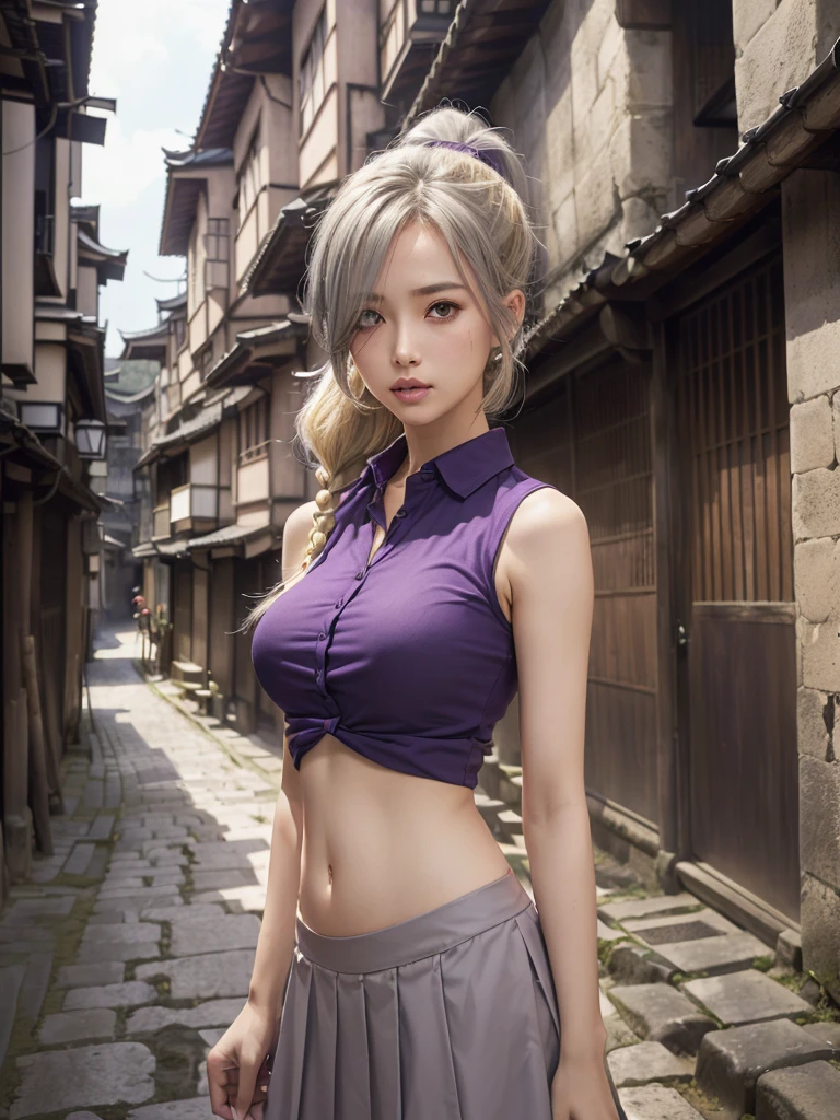 ((((InoYamanaka)))), ((purple shirt collared, sleeveless, medium breasts, navel, long hair, blonde, ponytail, hair over one eye, lips, gray eyes, skirt, bare shoulder)), (((narrow alley, edo architecture, village, outdoor))), ((cum navel:1.3)).