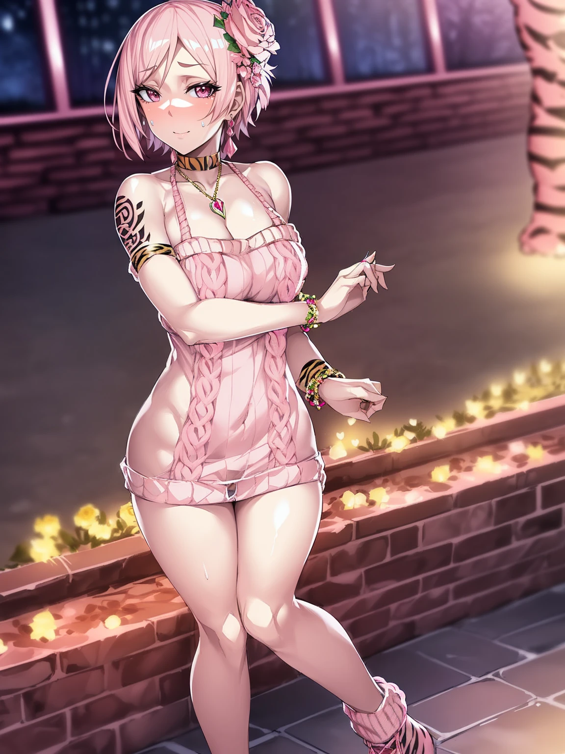 the panorama,longshot,during night,(1girl in),Akiryomai ,Necklaces, earrings,Brownish red hair,Shy, Blushing,See-through,(pink mini knit dress:1.6),(Sweat:1.25), (Tattoo of roses :1.2) ,(((Solo))),depth of fields,(masutepiece:1.5),(Best Quality:1.4),Extremely detailed ,。.3D,Cinema-4D , 8K,Photorealistic ,( Charming female body), (Huge chest sticking out for the camera, pink rippinger details))),subject centred,(((additional hand tiger legs))),