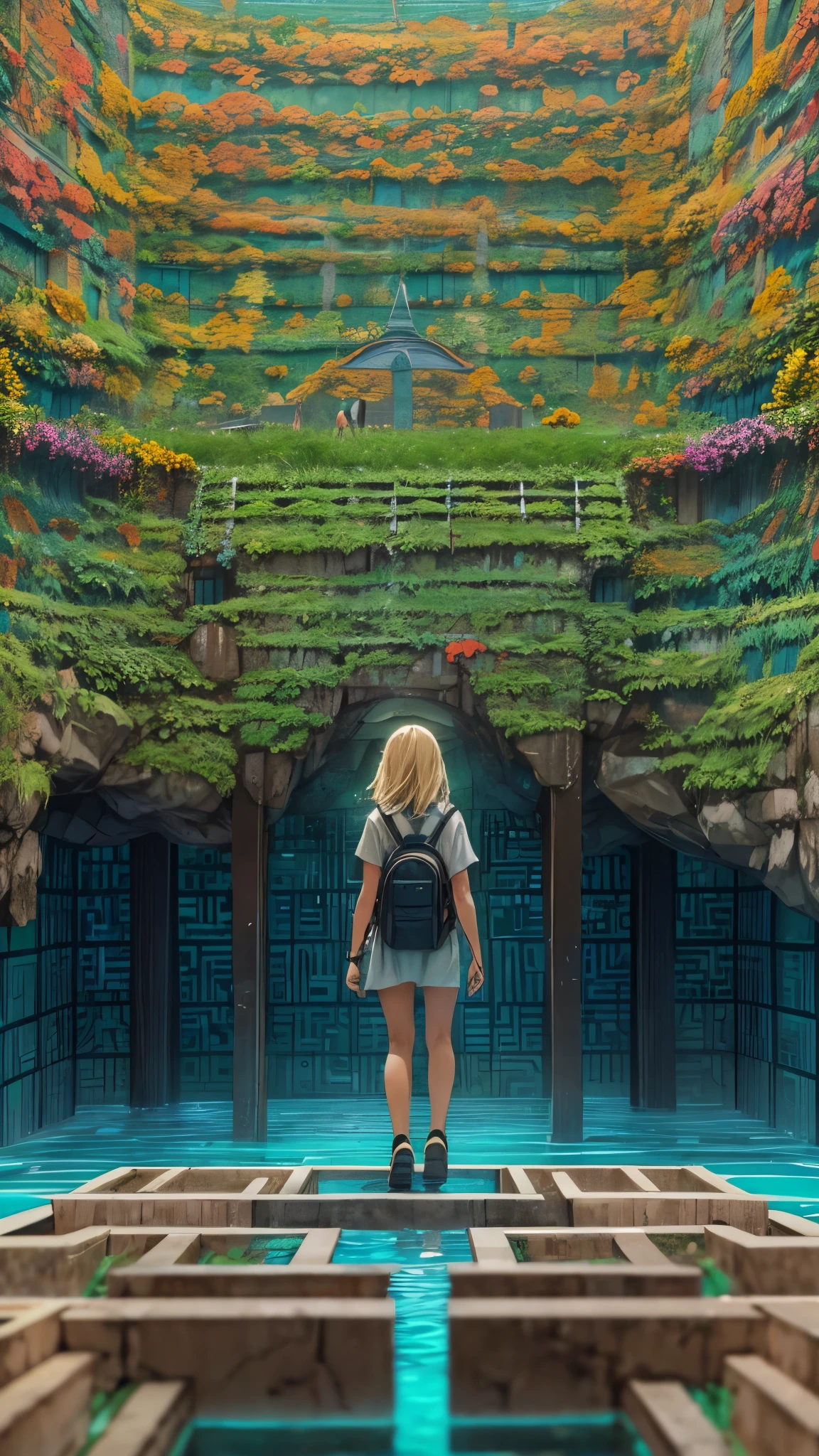 (highest quality, High resolution, Vibrant colors, Realistic), (Inside a giant maze made from a pool), 1 girl, 20-year-old female, Wearing military-style clothing, short blonde, walk through the maze, Mysterious lighting, Unrealistic atmosphere, Reflection Pool, Towering walls, complicated route, Distorted reflections, hidden passage, Quiet and eerie, A sense of adventure, Expectations, expedition, A twist that bends the heart, Unexpected Encounter, Isolation, vast and infinite, Immersive Experience, Escape to another world, A surreal journey