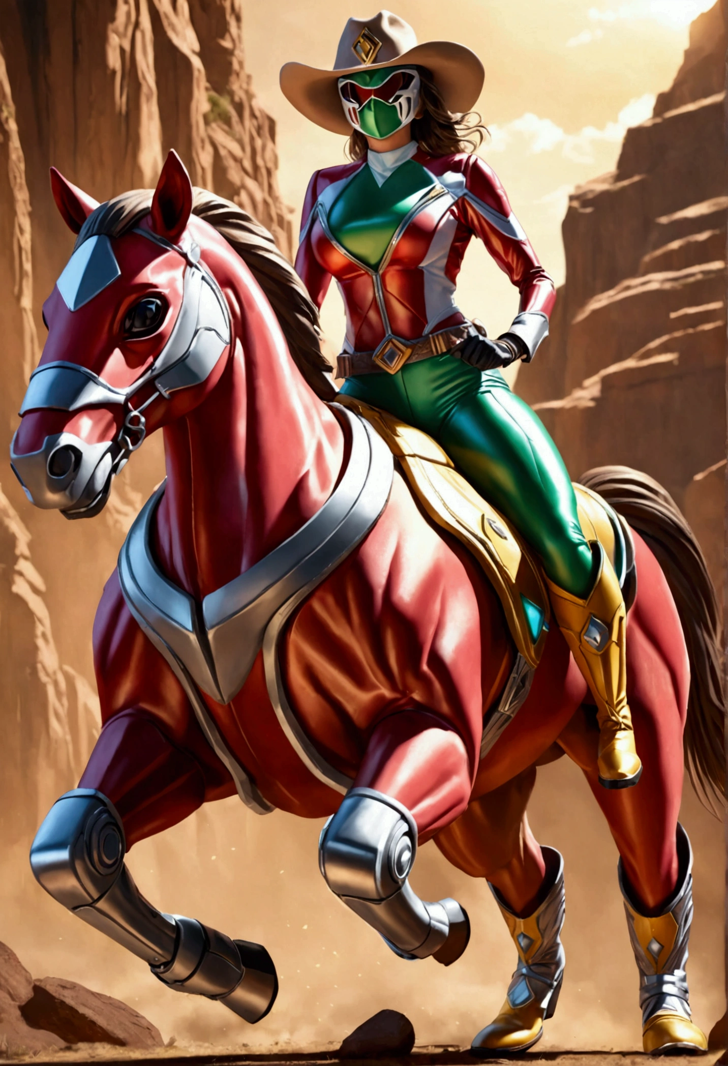 a beautiful busty cowgirl riding a robot horse, wearing power ranger suits, power ranger mask, (cowboy hat:1.3), detailed facial features, highly detailed, photorealistic, 8k, masterpiece, dynamic lighting, dramatic lighting, cinematic composition, vivid colors, warm color palette, dramatic pose, action, adventure, (cowboy boots:1.3), leather jacket, dynamic motion blur, intricate details