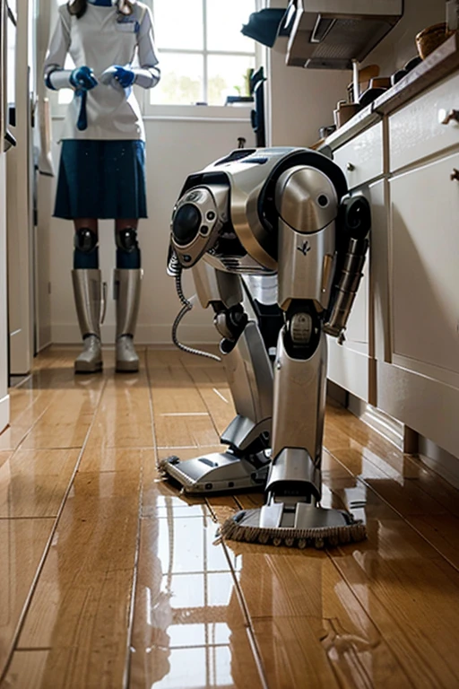 Image of a robot prototype cleaning the floor of a house with a broom