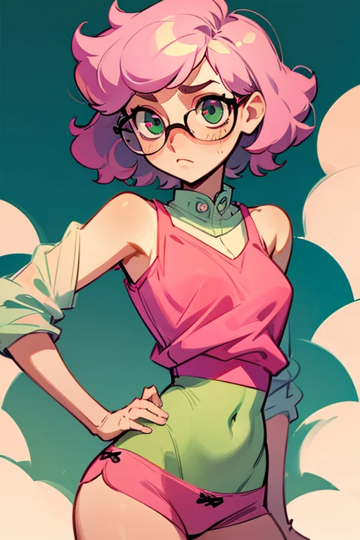 Really embarrassed tomboy girl, with short gray curly  hair and green glasses, in pink  sexy  underwear ,trying to cover herself