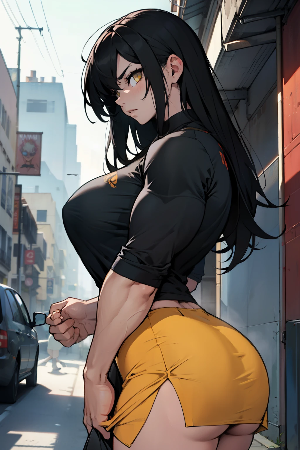 huge muscles huge breasts huge thighs pale skin black hair yellow eyes very long hair muscular girl sad expressionless plated skirt long sleeve tight t-shirt