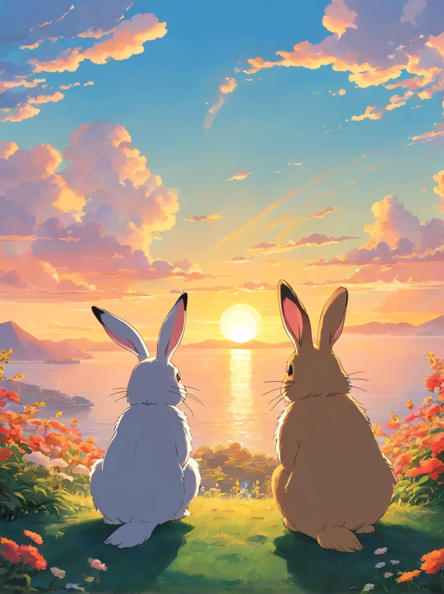A bird and a rabbit watching the sunset, but the rabbit in one photo and the bird in another photo 