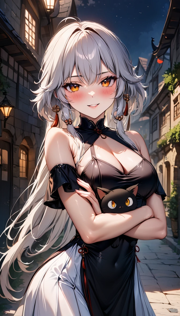 ((junkotvvxl, cabello negro con orejas de gato, ojos rojos))(masterpiece),(best quality),(ultra-detailed),(best illustration),(best shadow),(absurdres),(detailed background),(very aesthetic), changli(wuwa), 1girl, breasts, solo, dress, cleavage, orange eyes, looking at viewer, bare shoulders, white dress, medium breasts, blush, red hair, streaked hair, white hair, seductive smile, from the front, cowboy shot, crossed arms, medieval city background, night,