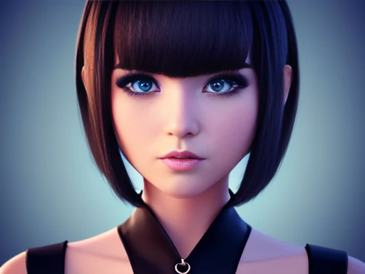 3D Digital Art Masterpiece, cute girl with asymmetrical face, blue eyes white skin eyeliner, slim full body 2d hair short bob style with bangs, dark makeup,  perfect detailing on hands and body, full HD image portrayed full body 