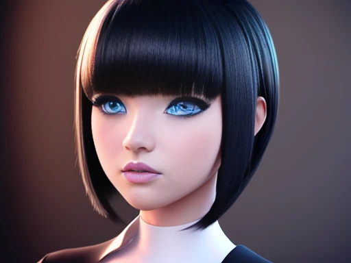 3D Digital Art Masterpiece, cute girl with asymmetrical face, blue eyes white skin eyeliner, slim full body 2d hair short bob style with bangs, dark makeup, perfect detailing on hands and body, full HD image portrayed full body