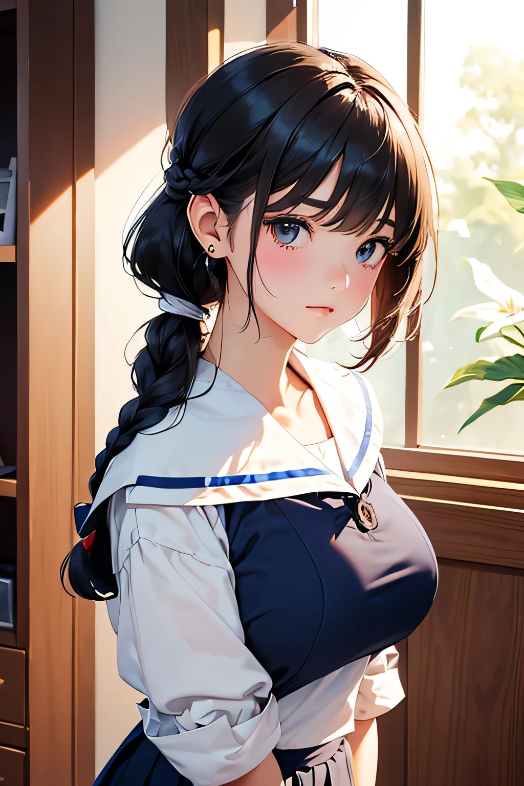 Highest quality、High resolution、Detailed Background、(Beautiful face in every detail:1.4)、Anatomically correct、 beauty、(Highly detailed face:1.2)、(Huge breasts:1.2)、Light color hair、Braided bob cut、Braided Ponytail、cute hairstyle、Perfect body line、well-groomed eyebrows、Navy blue sailor suit、White sailor collar、Pleated mini skirt、White Stockings、
(A beautiful girl sitting at a desk in the classroom and making cute gestures:1.5)、
Her innocent smile is especially popular.、Looking up can make a man's heart skip a beat.、
A shy expression can bring out a feminine innocence.、Slightly watery eyes seem to make you look cute.、
Tuck your hair behind your ear or touch your hair gently to show off your femininity.、
Tilt your head to show interest and affection for the other person.、
Imitating animals like puppies and kittens can make you look cute.、cute