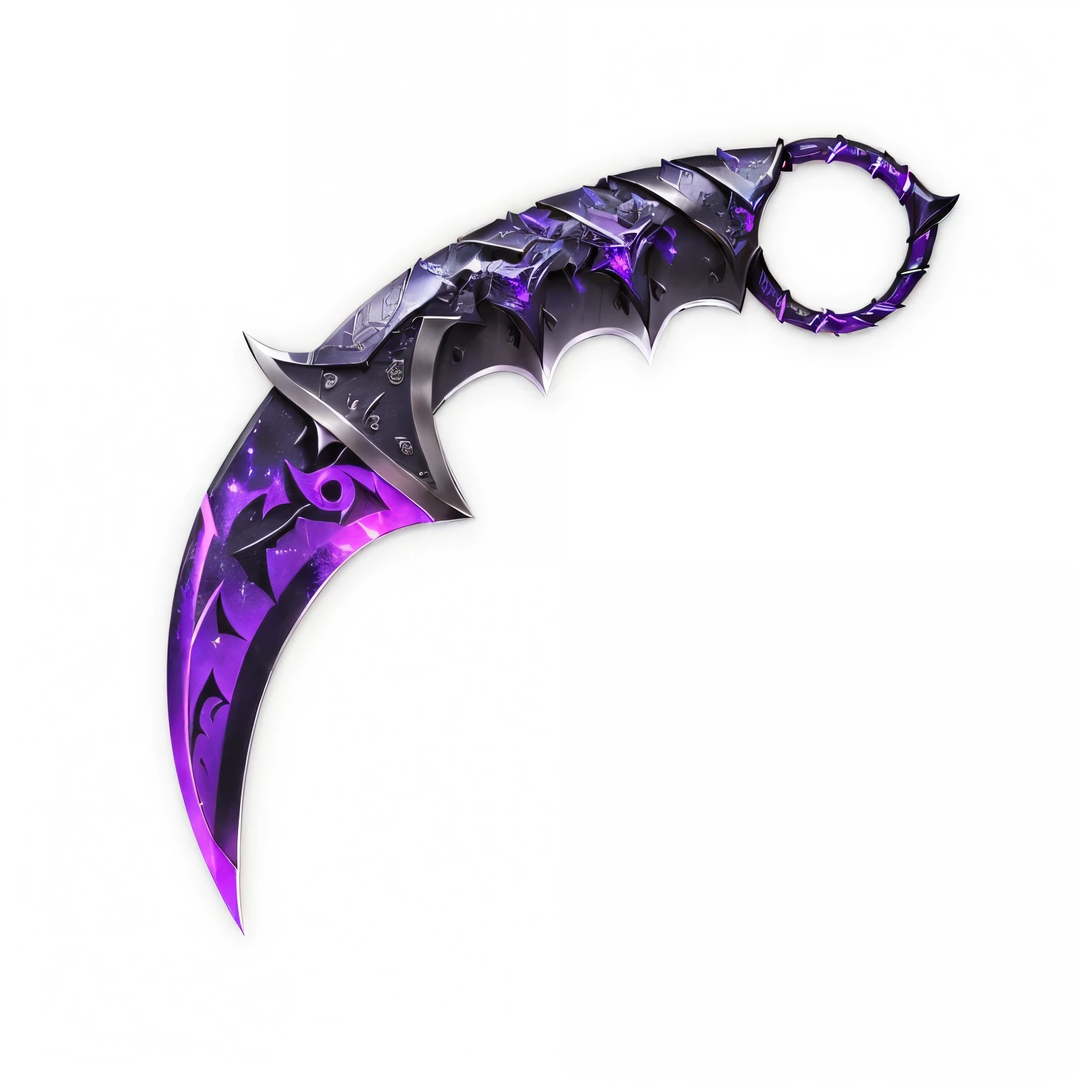 a close up of a knife with a purple handle on a white background, fantasy weapon, holographic blade!, demon black blue purple, war blade weapon, sickle, oni, holding jagged scimitar, bat claws, blade design, cosmic weapons, glaive, vivid tentacles, u. h. d, ominous and intense, style of ghost blade, weapon
