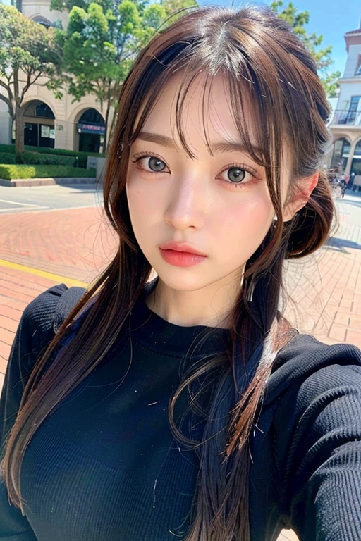 (masterpiece:1.3), (8k, Realistic, RAW Photos, Best image quality: 1.4), (Random Hairstyles:1.2)、Mid-chest、(Highly detailed face)、Attention to eye detail、Attention to detail、Perfect double eyelids、(Dark Eyes:1.4)、(Sharp focus:1.2)、Beautiful woman:1.4、30-year-old woman、((Black Hair))、Ultra-high resolution、super high quality、Symmetrical face、Symmetrical eyes、Photo level、8k最高画質はフル、The face is very realistic、Extremely realistic skin、Realistic light and shadow effects、Professional lighting from the front、((Angle from thigh up))、Random colored sweatshirts、Long sweatshirt、((outside、Town))
