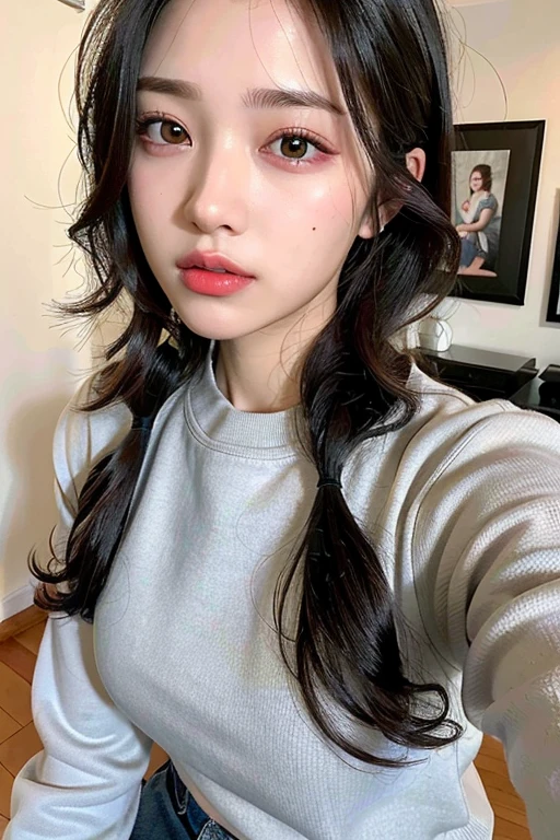 (masterpiece:1.3), (8k, Realistic, RAW Photos, Best image quality: 1.4), (Random Hairstyles:1.2)、Mid-chest、(Highly detailed face)、Attention to eye detail、Attention to detail、Perfect double eyelids、(Dark Eyes:1.4)、(Sharp focus:1.2)、Beautiful woman:1.4、30-year-old woman、((Black Hair))、Ultra-high resolution、super high quality、Symmetrical face、Symmetrical eyes、Photo level、8k最高画質はフル、The face is very realistic、Extremely realistic skin、Realistic light and shadow effects、Professional lighting from the front、((Angle from thigh up))、Random colored sweatshirts、Long sweatshirt、((outside、Town))