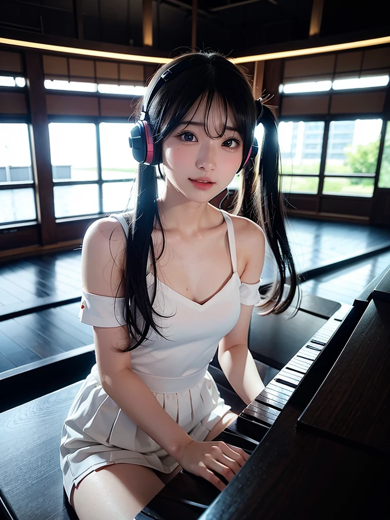 40-year-old Japanese woman、Black Hair、Hair is very short、Twin tails、Hatsune Miku Costume、Headphones、Flat Chest、Realistic photos、Realistic、8K quality、expensive、No bangs、High resolution, Highest quality, Anatomically correct, Winner of numerous awards, Ultra high definition, Live Performance Venues、Playing the piano、Wide-angle shot, 