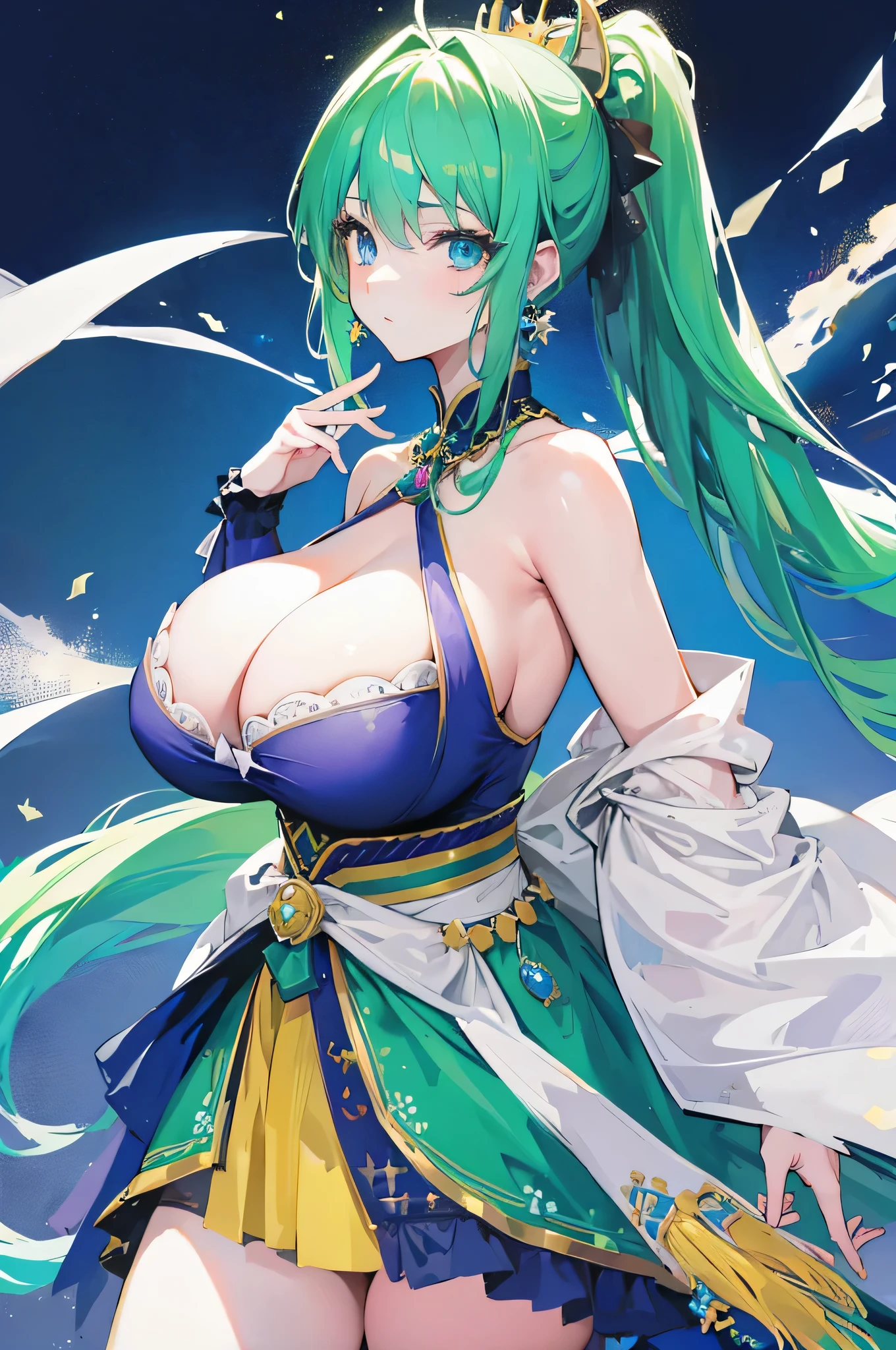 4K,High resolution,One Woman,Green Hair,Long Ponytail,Blue eyes,Big Breasts,PRİNCESS,緑色のPRİNCESSのドレス,Well good,PRİNCESSのティアラ,Costume decorated with jewels,Medieval castle