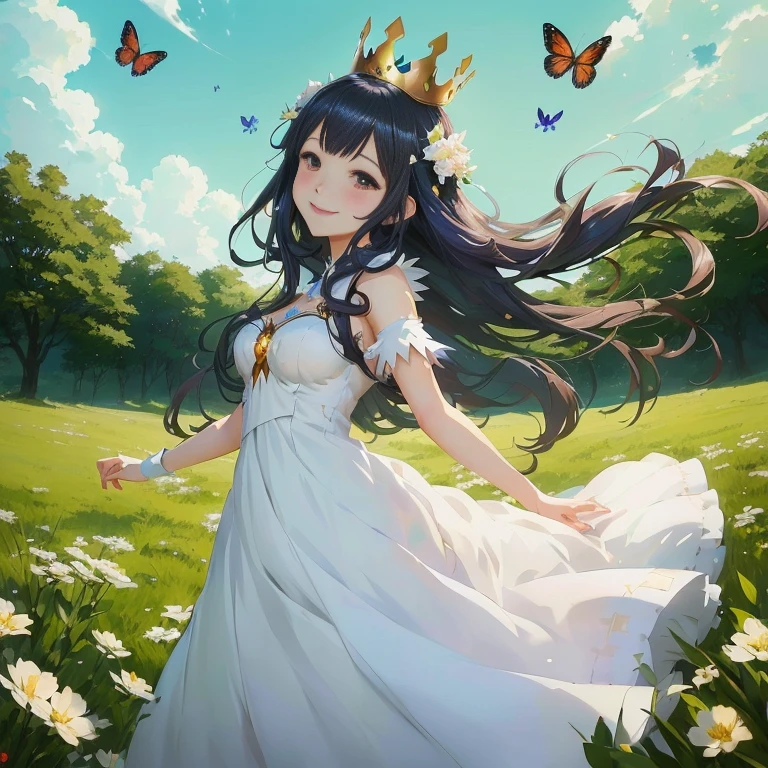 anime girl in a white dress with a crown on her head, anime moe artstyle, guweiz on pixiv artstation, smiling as a queen of fairies, anime goddess, hestia, beautiful anime, guweiz on artstation pixiv, artwork in the style of guweiz, anime princess, official art, queen of nature