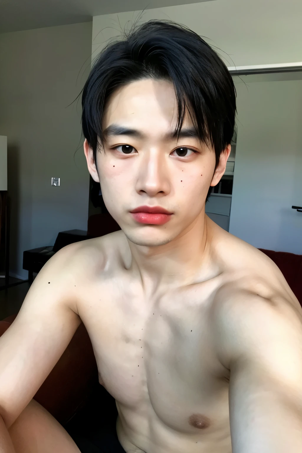 ((best quality)), (detailed), perfect face, HOMEM COREANO, SEM CAMISA, rosto bonito, PEITO MUSCULAR, volume na cueca, protuberance, grande, futurista, Corpo magro, rouco, magro, big nice protuberance, lindo ator coreano, poses sensuais, sensual, blushing red makeup, red lips, white pale skin,